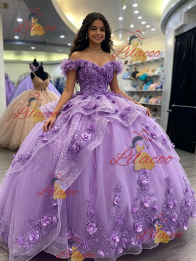 Purple Tulle Off the Shoulder 3D Flower Quinceanera Dress