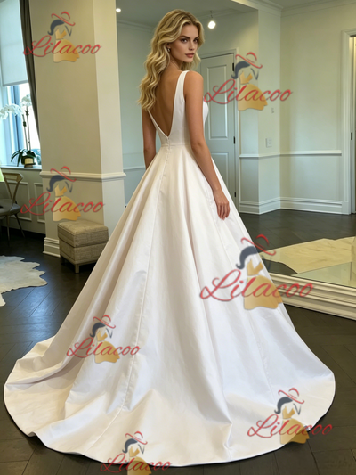 White Satin V-neck Wedding Dress