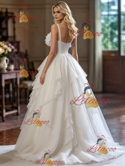 Ball Gown White Tulle Straps Wedding Dress