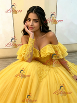 Yellow Tulle Off the Shoulder Appliques Quinceanera Dress