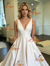 White Satin V-neck Wedding Dress