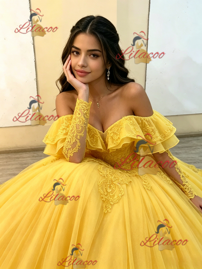 Yellow Tulle Off the Shoulder Appliques Quinceanera Dress