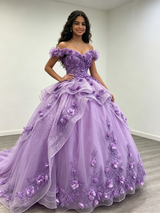 Purple Tulle Off the Shoulder 3D Flower Quinceanera Dress