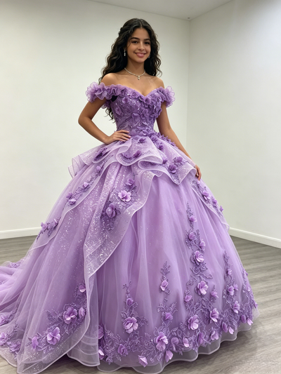 Purple Tulle Off the Shoulder 3D Flower Quinceanera Dress