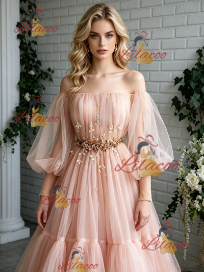 Pink Tulle Off the Shoulder Puff Sleeve Prom Dress