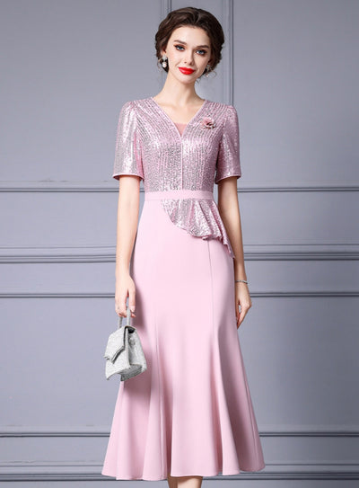 Pink Sequins Short Sleeve Mother Of The Bride Dress