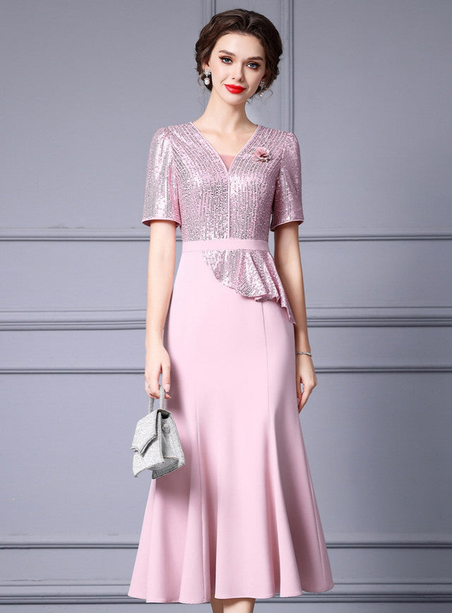 Pink Sequins Short Sleeve Mother Of The Bride Dress
