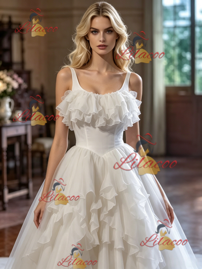 Ball Gown White Tulle Straps Wedding Dress