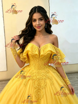 Yellow Tulle Off the Shoulder Appliques Quinceanera Dress