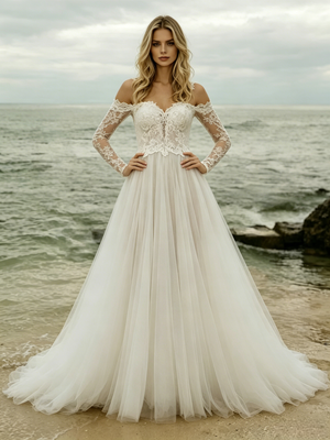 Beige White Lace Long Sleeve Wedding Dress
