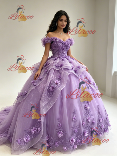 Purple Tulle Off the Shoulder 3D Flower Quinceanera Dress