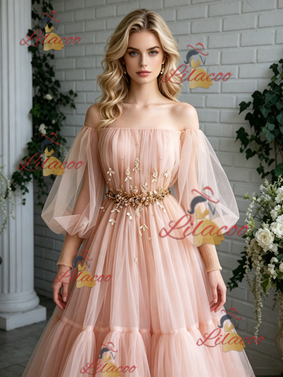 Pink Tulle Off the Shoulder Puff Sleeve Prom Dress