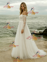 Beige White Lace Long Sleeve Wedding Dress