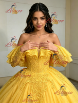 Yellow Tulle Off the Shoulder Appliques Quinceanera Dress