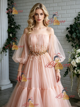 Pink Tulle Off the Shoulder Puff Sleeve Prom Dress