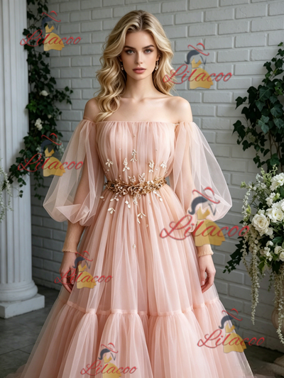 Pink Tulle Off the Shoulder Puff Sleeve Prom Dress