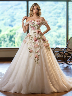Ivory Tulle Off the Shoulder Appliques Wedding Dress