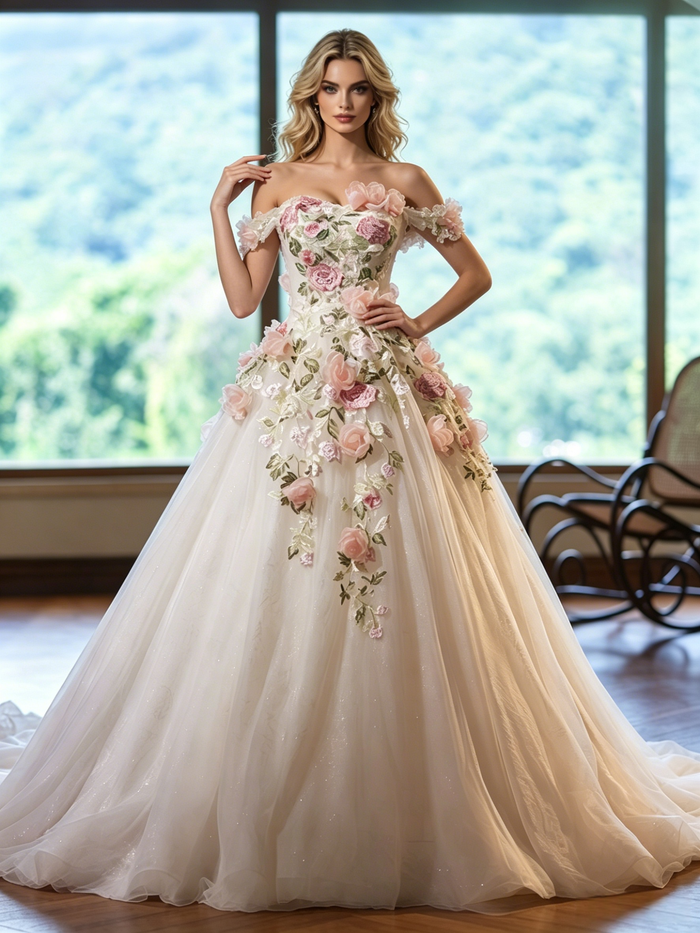 Ivory Tulle Off the Shoulder Appliques Wedding Dress