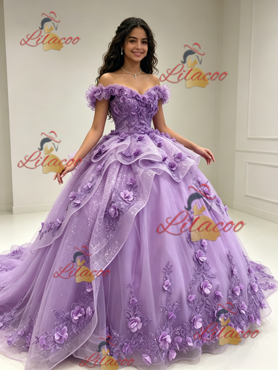 Purple Tulle Off the Shoulder 3D Flower Quinceanera Dress
