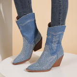 Diamond Pointed Thick Heel Blue Boots