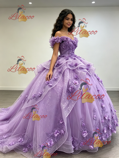 Purple Tulle Off the Shoulder 3D Flower Quinceanera Dress