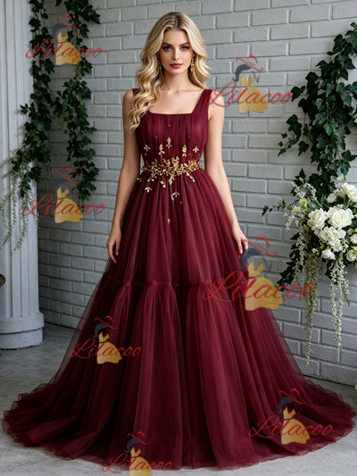Burgundy Tulle Straps Pleats Prom Dress
