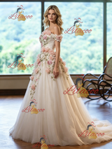 Ivory Tulle Off the Shoulder Appliques Wedding Dress