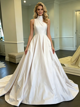 White Satin High Neck Wedding Dress
