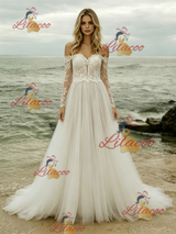 Beige White Lace Long Sleeve Wedding Dress