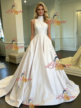 White Satin High Neck Wedding Dress