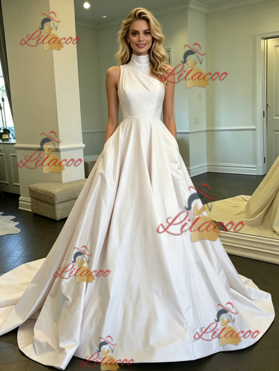White Satin High Neck Wedding Dress
