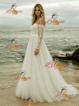 Beige White Lace Long Sleeve Wedding Dress