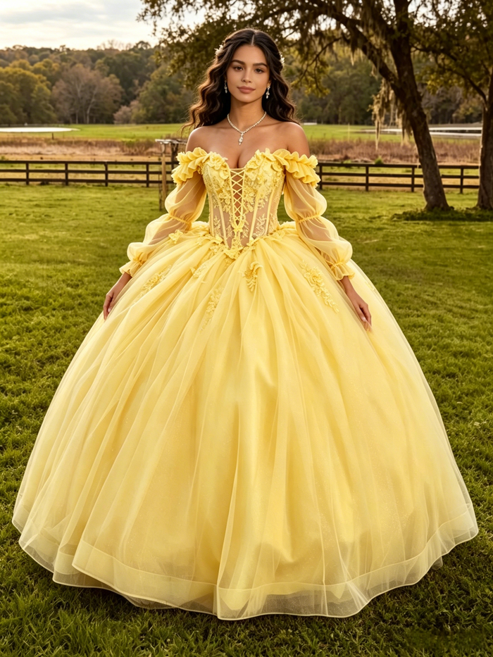 Yellow Tulle Appliques Long Sleeve Quinceanera Dress