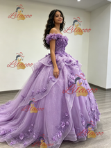 Purple Tulle Off the Shoulder 3D Flower Quinceanera Dress