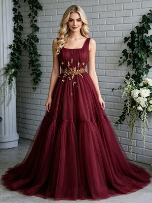 Burgundy Tulle Straps Pleats Prom Dress