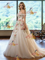 Ivory Tulle Off the Shoulder Appliques Wedding Dress