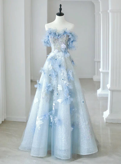 Blue Tulle Sequins Off the Shoulder Flower Prom Dress