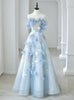 Blue Tulle Sequins Off the Shoulder Flower Prom Dress