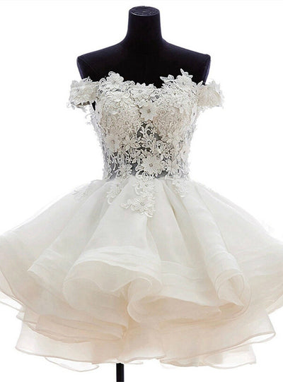 White Tulle Lace Off the Shoulder Homecoming Dress