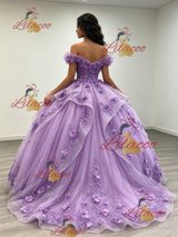 Purple Tulle Off the Shoulder 3D Flower Quinceanera Dress
