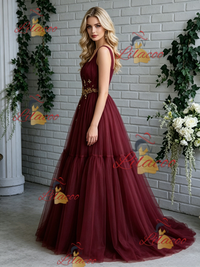 Burgundy Tulle Straps Pleats Prom Dress