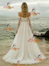 Beige White Lace Long Sleeve Wedding Dress