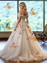 Ivory Tulle Off the Shoulder Appliques Wedding Dress