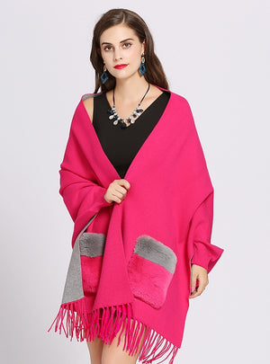 Bat sleeve Double-sided Pocket Fringed Shawl Cloak