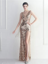 Gold Mermaid V-neck Prom Dress