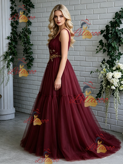 Burgundy Tulle Straps Pleats Prom Dress