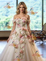 Ivory Tulle Off the Shoulder Appliques Wedding Dress