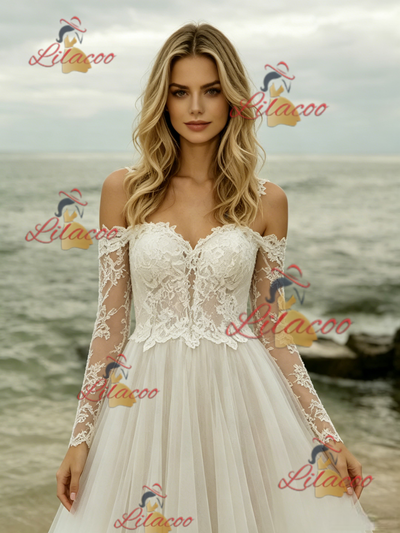 Beige White Lace Long Sleeve Wedding Dress