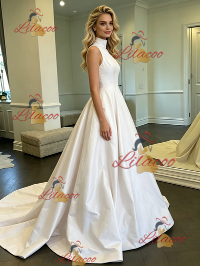White Satin High Neck Wedding Dress