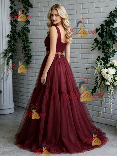 Burgundy Tulle Straps Pleats Prom Dress
